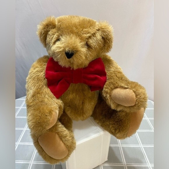 Authentic Vermont Teddy Bear Red Velvet Bow Handmade Valentine’s Day Birthday - Picture 1 of 8